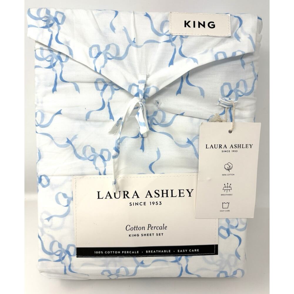 Laura Ashley Blue Trailing Bows King Sheet Set Percale 100% Cotton Ribbons *READ